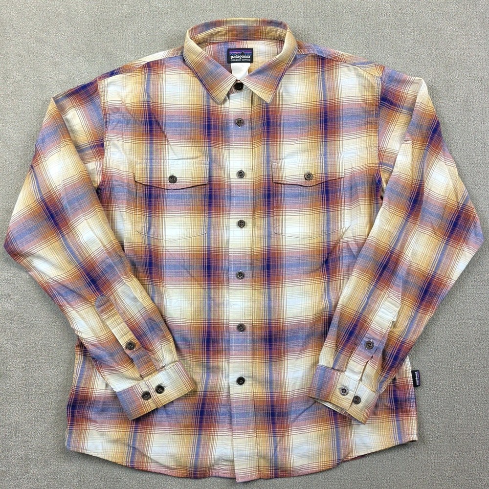 Patagonia Plaid Button Down Shirt Mens Large Orange Blue Organic Cotton Hiking